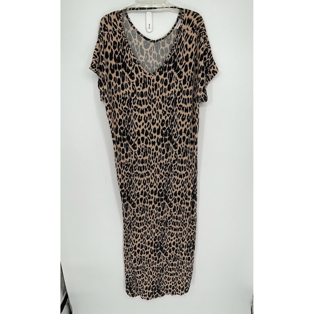 LuLaRoe Women's Brown Leopard Print V-Neck Stretch Macy Maxi Dress Plus Size 2XL